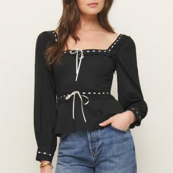 NEW Reformation Haisley Top Blouse Sz2 Black Long Sleeves Lace Cotton Bow - Picture 1 of 7